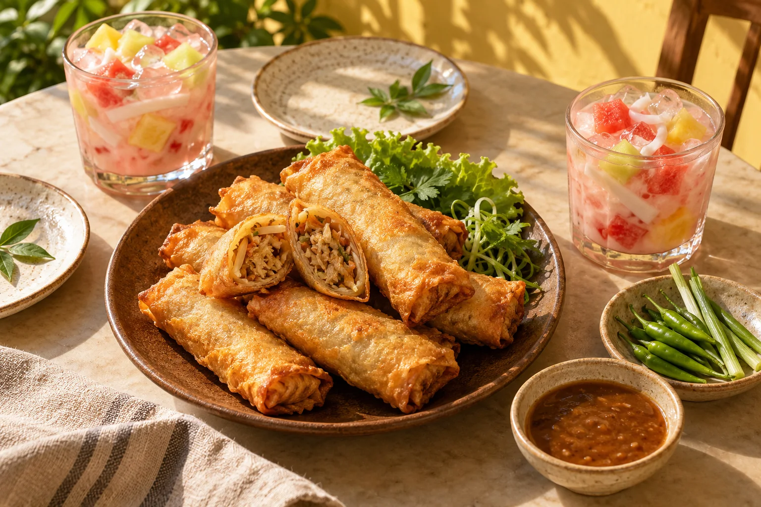 Lumpia dan es buah di meja untuk dinikmati bersama